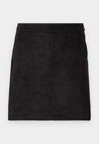 Jupe mini en daim noir avec une texture lisse, une forme droite et des coutures minimales, présentant un design épuré sans embellissements.