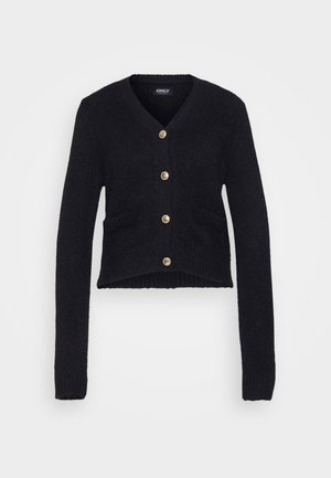 Cardigan cropped nero realizzato in tessuto a maglia testurizzata. Presenta un scollo a V, maniche lunghe e bottoni dorati, con due tasche frontali.