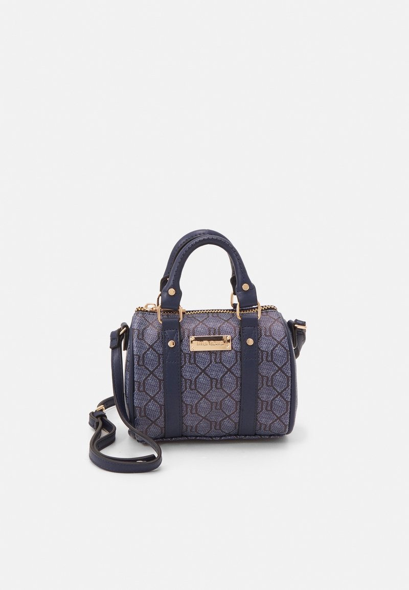 Piccola borsa a manico in navy con corpo in tessuto a motivo, dettagli in metallo dorato, doppi manici superiori e tracolla rimovibile.