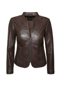 Braune Lederjacke mit Stehkragen, Reißverschluss vorne und zwei Reißverschlusstaschen. Glatte Textur mit tailliertem Design und ohne sichtbare Muster.