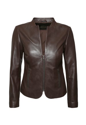 Ruskea nahkatakki, jossa on pystykaulus, etuvetoketju ja kaksi vetoketjullista taskua. Tasainen pinta, istuva muotoilu ja ei näkyviä kuvioita.