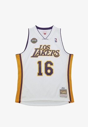Weißes Basketballtrikot mit der Aufschrift "LOS LAKERS" in Gelb und Lila, der Nummer "16" in Gelb und seitlichen Akzenten in Lila und Gold. Netzmaterial.
