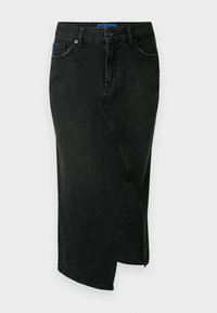 Jupe en denim noir taille haute, avec un design à fente avant et un style classique à cinq poches. Présente une étiquette de marque sur la taille.
