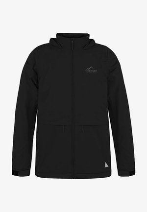 Schwarze Jacke mit einem Reißverschluss an der Vorderseite. Verfügt über eine Kapuze, zwei Fronttaschen und ein kleines Logo. Die Bündchen haben verstellbare Verschlüsse und sind leicht elastisch.