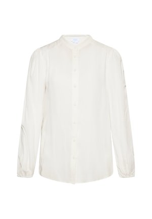 Hosszú ujjú, gombos blúz tört fehér színben, mandarin gallérral, sima textúrával és ráncolt részletekkel a vállaknál.