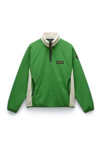 Groene fleece pullover met hoge kraag, halve rits aan de voorkant, crèmekleurige zijpanelen en een klein logo-opdruk op de borst. Zachte textuur.