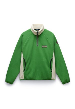 Groene fleece pullover met hoge kraag, halve rits aan de voorkant, crèmekleurige zijpanelen en een klein logo-opdruk op de borst. Zachte textuur.