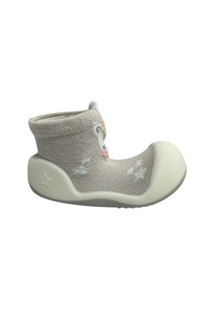 Calzatura calzino beige per bambino piccolo con suola e punta in gomma morbida, caratterizzata da una forma a stella sul tallone e da un motivo animale colorato sulla parte superiore in tessuto.