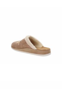 Pantofole in tessuto marrone con collare in pile crema, suola piatta e soletta in sughero. Presentano un design semplice adatto per l'uso indoor.