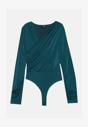 Teal long-sleeve bodysuit with a wrap design, draped fabric, and gathered accents on sleeves. Made of smooth, stretch material.