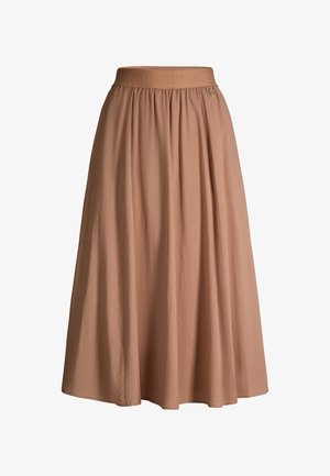Beige midilange, vloeiende rok met een elastische tailleband, subtiel "JOOP!"-logo en een klein metalen logootje aan de rechterkant.