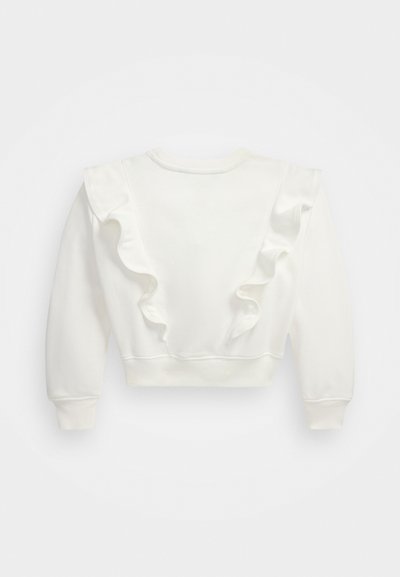 Weißes Sweatshirt mit langen Ärmeln und Rüschendetails an den Schultern. Weicher Stoff und kurz geschnittenes Design mit einem runden Ausschnitt.