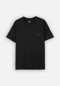 T-shirt en coton noir à manches courtes et col rond. Présente un petit logo imprimé en gris sur le côté gauche de la poitrine. Texture douce.
