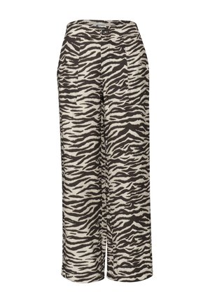 Pantalon large cropped avec imprimé zèbre noir et blanc, poches avant, fermeture par bouton et zip à la taille.
