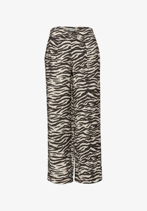 Vidbenede cropped bukser med sort-hvid zebra print, frontlommer, knap- og lynlåslukning ved taljen.