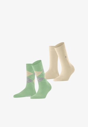 Groene crew-sokken met ruitmotief en beige effen crew-sokken; katoenmateriaal; geribbelde boorden; lichtgewicht textuur.