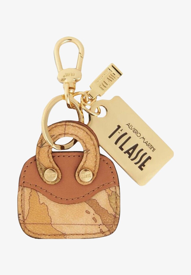 Portachiavi a borsa in pelle beige e marrone. Caratterizzato da accessori in oro, design con stampa mappa e un'etichetta con il nome del marchio.