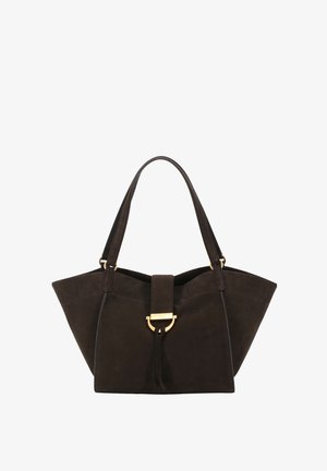Brown suede tote bag with a structured shape, gold hardware accent, and a central strap closure. Features two shorter handles.