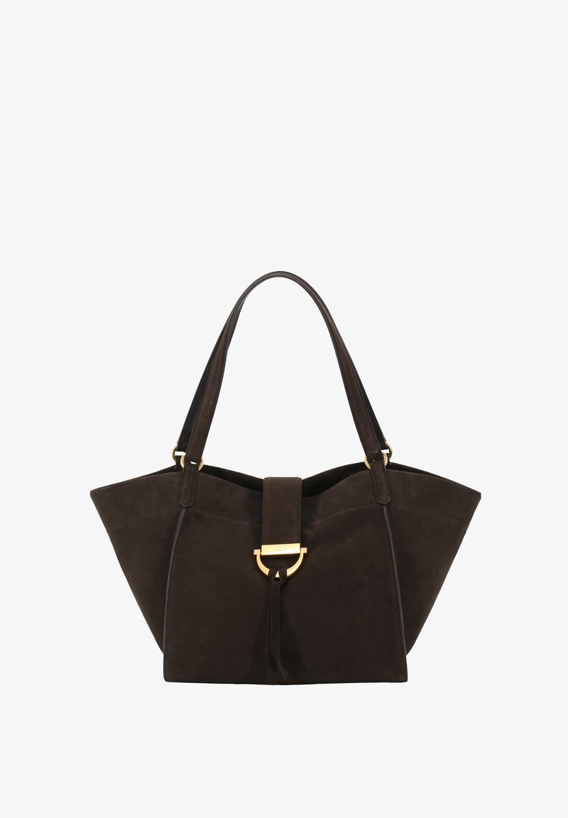 Brown suede tote bag with a structured shape, gold hardware accent, and a central strap closure. Features two shorter handles.