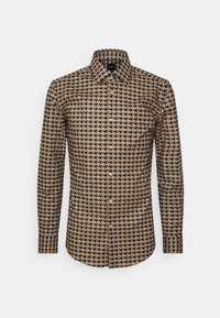 Langärmliges Hemd mit auffälligem Hahnentrittmuster in Schwarz und Beige, klassischem Kragen und Knopfleiste.