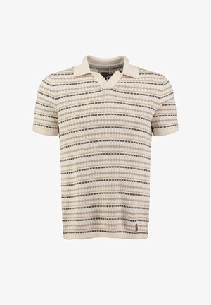 Polo de punto de manga corta con rayas horizontales en beige, crema y gris oscuro, con textura acanalada.