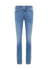 Jeans slim fit di colore blu chiaro con chiusura a bottoni e cerniera, tasche anteriori e posteriori, e leggere scoloriture sulle cosce e sulle ginocchia.