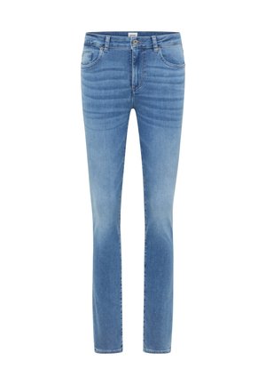 Lichtblauwe slim-fit jeans met knoop- en ritssluiting, voor- en achterzakken en subtiele vervaging op de dijen en knieën.