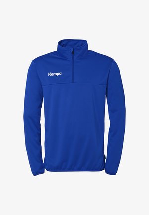 Blå atletisk pullover med kvart-zip krave, lange ærmer og et frontlogo. Fremstillet af glat, letvægtigt stof.