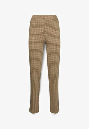 Bruna byxor med rutmönster i slim fit. Har en elastisk midja och en mjuk textur, designade utan fickor eller dekorationer.