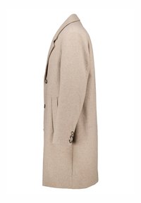 Cappotto di lana beige con colletto a punte, design a un solo petto, due tasche frontali e dettagli in bottone marrone sui polsini.