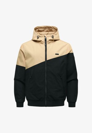 Beige and black zip-up hooded jacket with diagonal color split, adjustable hood drawstrings, side zip pockets, and ribbed cuffs and hem.