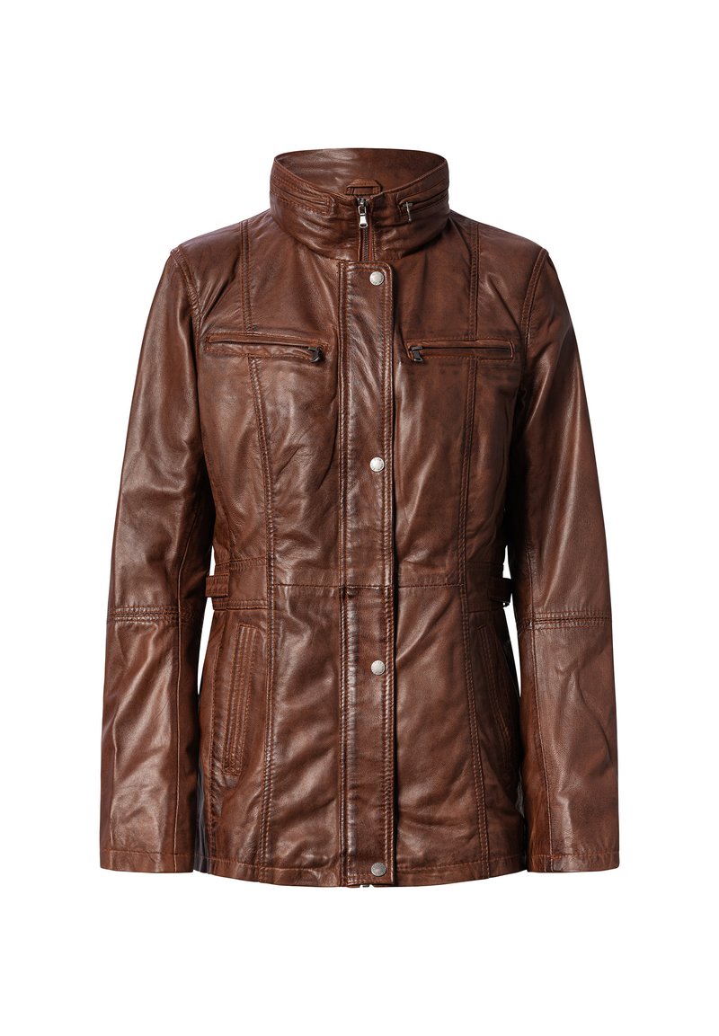 Braune Lederjacke mit Stehkragen, Reißverschluss und Druckknopfverschluss, Fronttaschen und gestickten Details an den Schultern und Seiten.