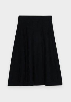 Black pleated skirt with a textured surface, featuring a wide waistband and a flowing A-line shape for comfortable wear.