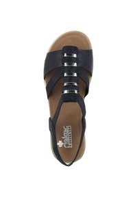 Black sandal with multiple straps, featuring silver metal accents. Constructed from leather with a textured footbed and a cushioned sole.