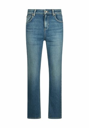 Jean en denim bleu à jambes droites avec fermeture à boutons et fermeture éclair à l'avant, poches avant et arrière, et légère décoloration sur les cuisses.