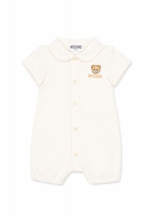 Barboteuse pour bébé couleur crème, manches courtes, boutons sur le devant, col Claudine, avec un ours en peluche et le logo "Moschino" sur la poitrine.