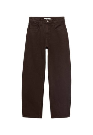 Jeans de mezclilla marrones con un corte relajado, que cuentan con cinco bolsillos, presillas para cinturón y un clásico cierre de cremallera. Textura suave y diseño de pierna recta.