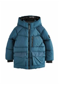 Veste rembourrée bleu sarcelle avec capuche, dotée d'une fermeture éclair à l'avant, de deux grandes poches avant et d'accents de marque noirs sur les poignets et la fermeture éclair.