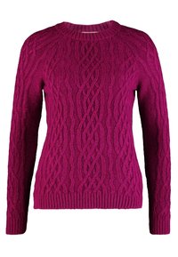 Magenta Kabelstrickpullover mit langen Ärmeln aus Wolle, Rundhalsausschnitt und gerippten Bündchen und Saum.