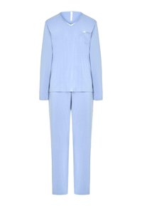 Top de manga larga azul claro con escote en V y bolsillo en el pecho, combinado con pantalones rectos a juego, exhibido sobre un fondo blanco.