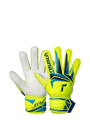 Coppia di guanti da portiere Reusch in giallo neon e blu, uno mostra il lato del palmo bianco, l'altro il dorso con motivi audaci e cinturini al polso.