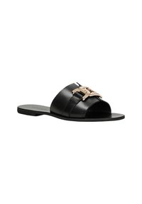 Zwarte leren slipper sandalen met een open teen en gouden hardware accent. Kenmerkt een breed bandontwerp met subtiele textuur en een platte zool.