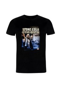 Černé bavlněné tričko s grafickou potiskem zápasnické postavy s pozvednutýma rukama, nápisem „STONE COLD STEVE AUSTIN“ a logem WWE.