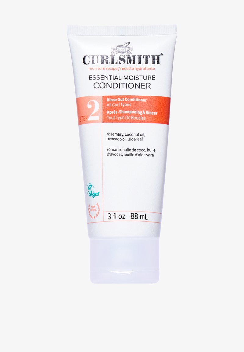 Curlsmith Essential Moisture Conditioner in einer 90 ml weißen Tube. Enthält orangefarbene Akzente, Text und ein veganes Symbol. Ausspülbare Formel.