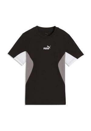 Maglietta sportiva nera Puma a maniche corte con pannelli laterali bianchi e grigi e logo Puma bianco centrato sul petto.