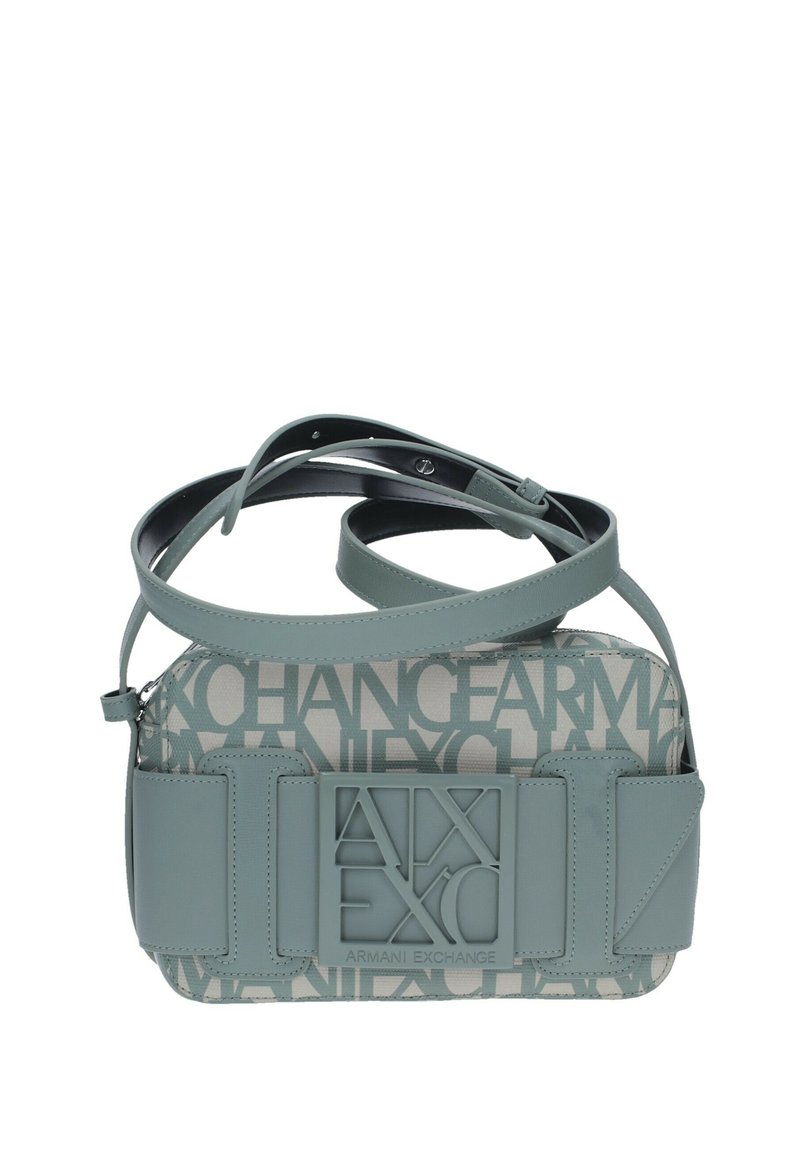 Borsa a tracolla grigia con corpo in canvas caratterizzato dal motivo del logo "Armani Exchange", dettagli in pelle e forma rettangolare strutturata.