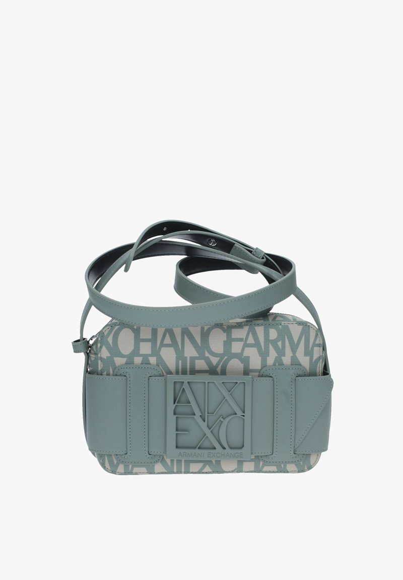 Borsa a tracolla grigia con corpo in canvas caratterizzato dal motivo del logo "Armani Exchange", dettagli in pelle e forma rettangolare strutturata.
