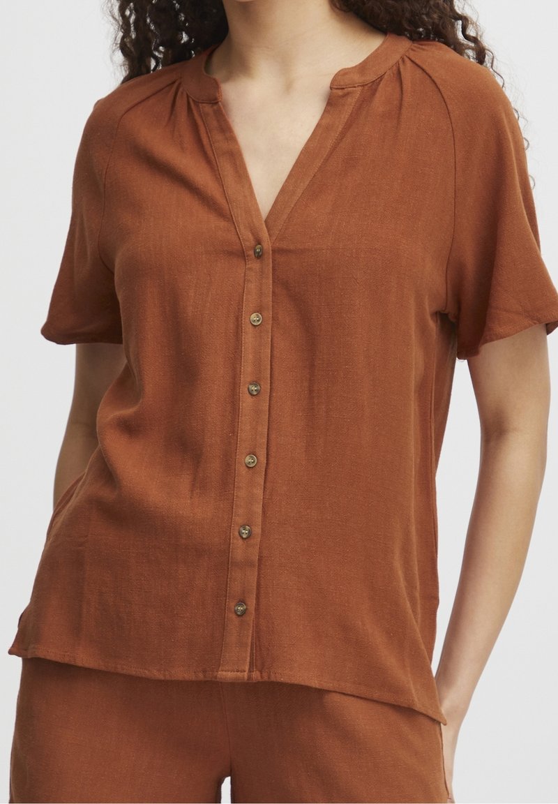 Femme portant une chemise rouille à manches courtes boutonnée avec un col rond et un pantalon assorti, montrée des épaules aux hanches.
