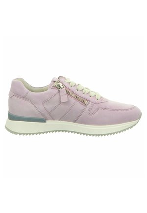 Light pink leather sneaker with white laces and a side zipper. Features a textured surface and a thick, white sole with a gray accent.