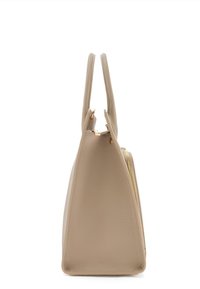 Beige leather tote bag with textured finish, angular shape, dual handles, and a side zipper. Smooth stitching and gold-tone hardware accents.